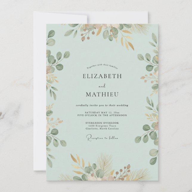 Invitation Mariage au thème Eucalyptus Pêche et Mousse de Mer (Devant)