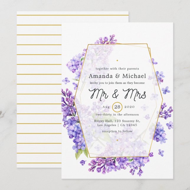 Invitation Mariage au thème Herbier Géométrique Violet Pastel (Devant / Derrière)