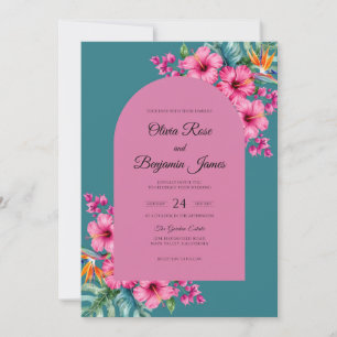 Invitation Mariage au Thème Hibiscus Eucalyptus Magenta Sarce