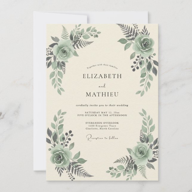 Invitation Mariage au thème Olive Celadon et Fougère (Devant)