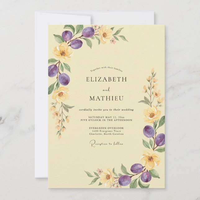 Invitation Mariage au thème olive eucalyptus jaune pâle (Devant)