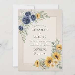 Invitation Mariage au tournesol doré eucalyptus indigo