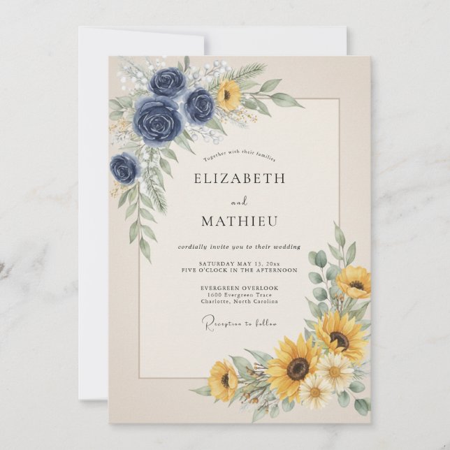 Invitation Mariage au tournesol doré eucalyptus indigo (Devant)