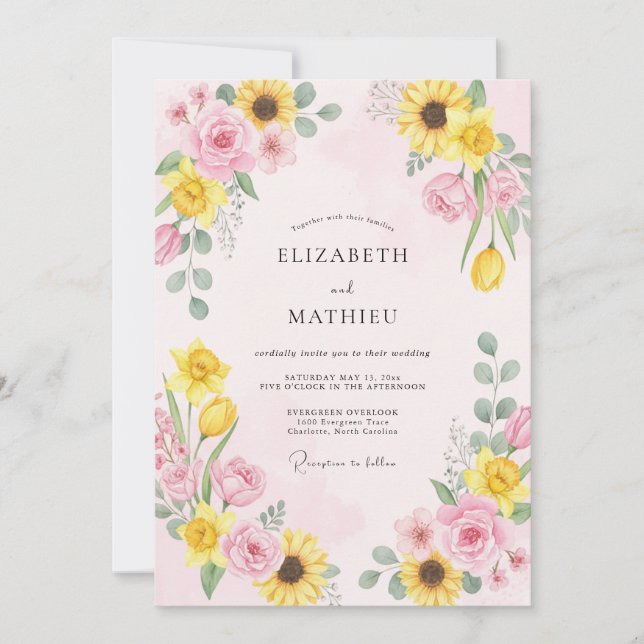 Invitation Mariage au tournesol eucalyptus rose pâle (Devant)