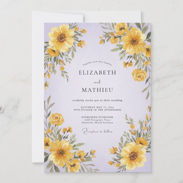 Invitation Mariage au tournesol lilas jaune eucalyptus (Devant)