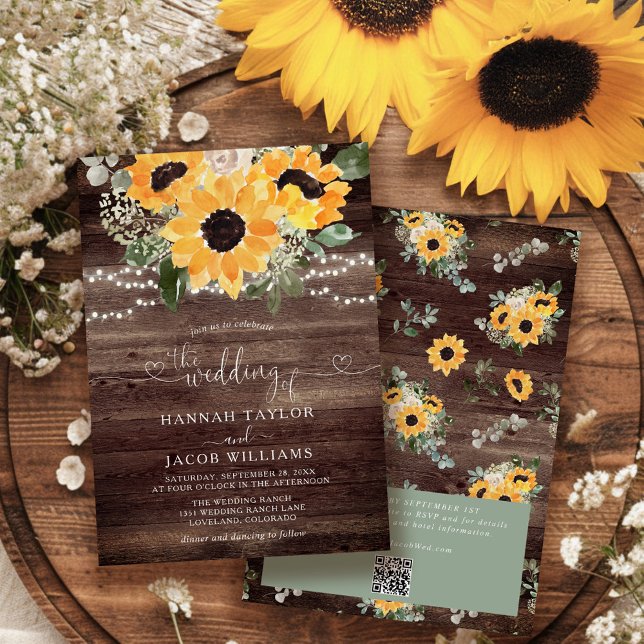 Invitation Mariage au tournesol rustique avec code QR sur boi (Créateur téléchargé)