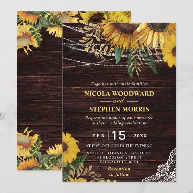 Invitation Mariage au tournesol rustique et guirlandes lumine (Devant / Derrière)