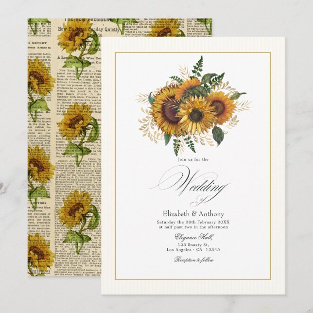 Invitation Mariage au Tournesol Rustique et Or (Devant / Derrière)