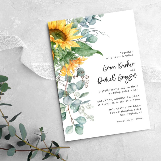 Invitation Mariage au tournesol rustique Eucalyptus avec info (Créateur téléchargé)