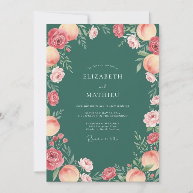 Invitation Mariage au Verger de Pêchers Vert Émeraude (Devant)