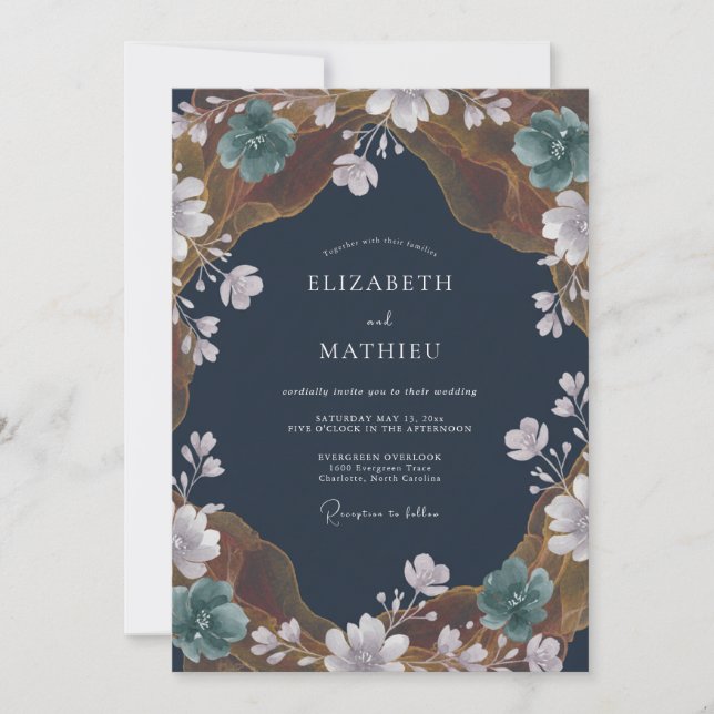 Invitation Mariage au verger peint dans des tons bleu marine (Devant)