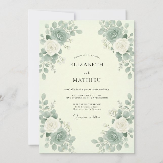 Invitation Mariage au vert céladon et à la menthe eucalyptus (Devant)