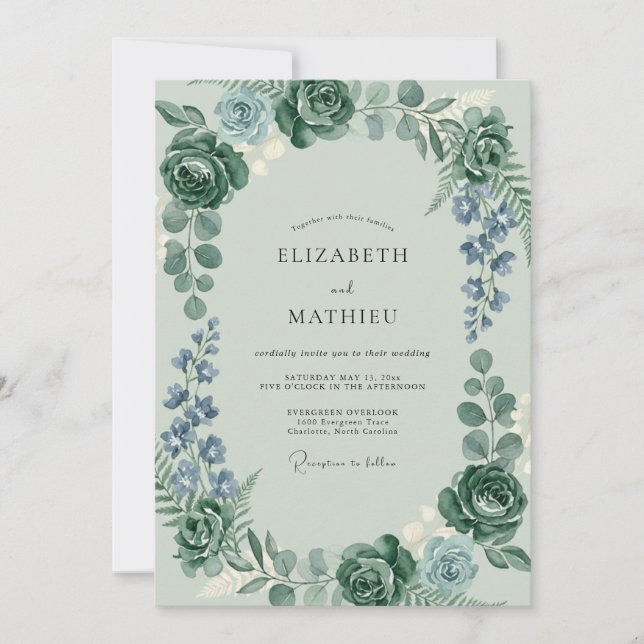 Invitation Mariage au vert céladon et au bleu pervenche avec  (Devant)