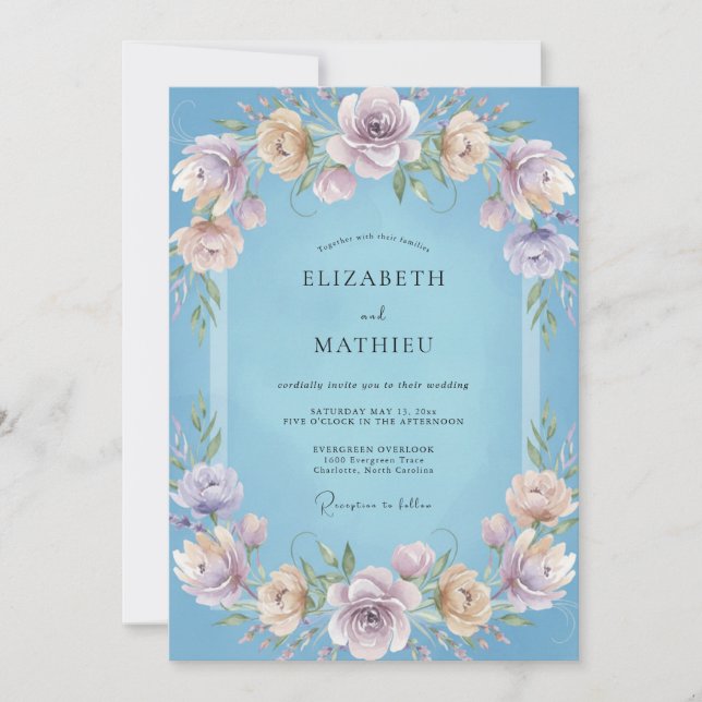 Invitation Mariage au vignes lilas bleu ciel (Devant)