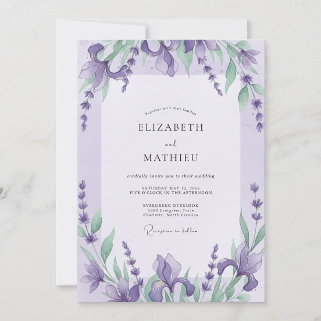 Invitation Mariage au Violet Iris Eucalyptus (Devant)