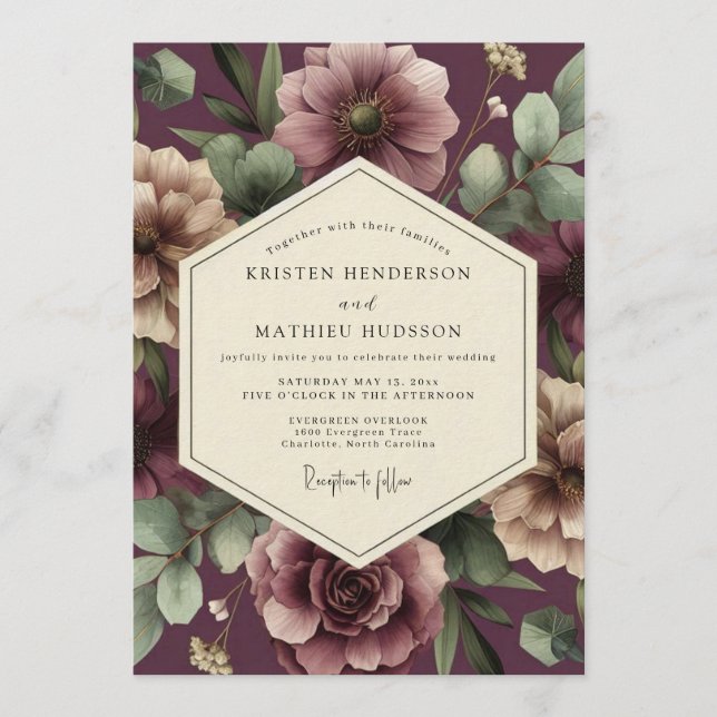 Invitation Mariage Aubergine Blush Moody Flora (Devant)