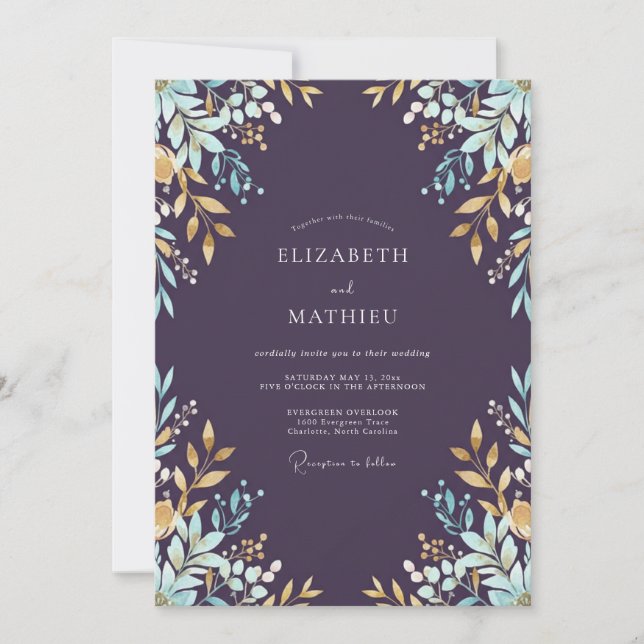 Invitation Mariage Aubergine Feuille d'Or (Devant)