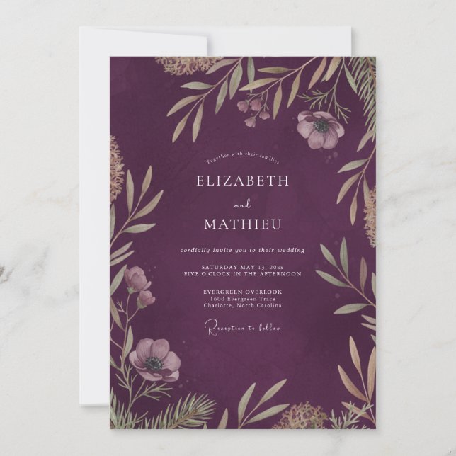 Invitation Mariage Aubergine Feuille Peinte (Devant)