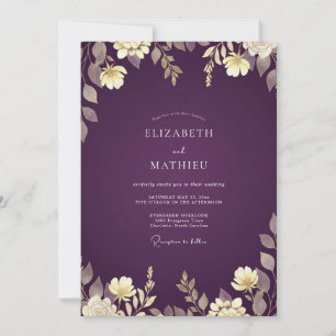 Invitation Mariage aubergine feuilles d'or eucalyptus