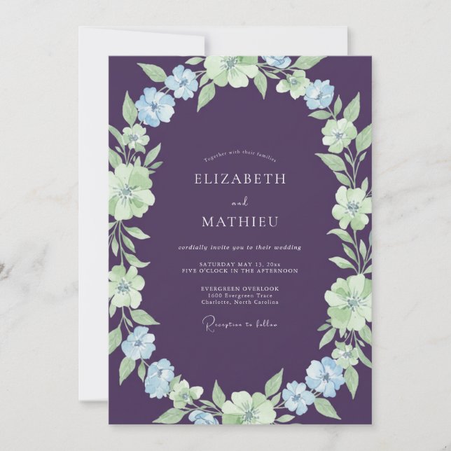 Invitation Mariage Aubergine Menthe Feuillage Eucalyptus (Devant)
