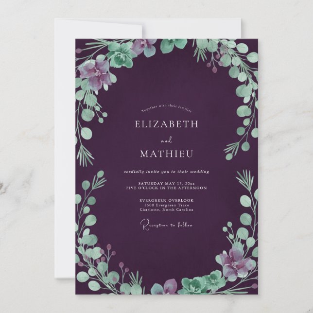 Invitation Mariage Aubergine Mousse de Mer Feuillage Eucalypt (Devant)