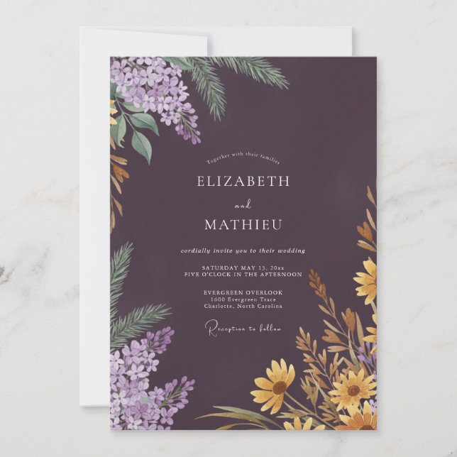 Invitation Mariage Aubergine Moutarde Pin Eucalyptus (Devant)