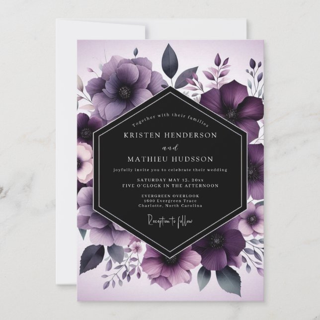 Invitation Mariage Aubergine Nocturne Flora (Devant)