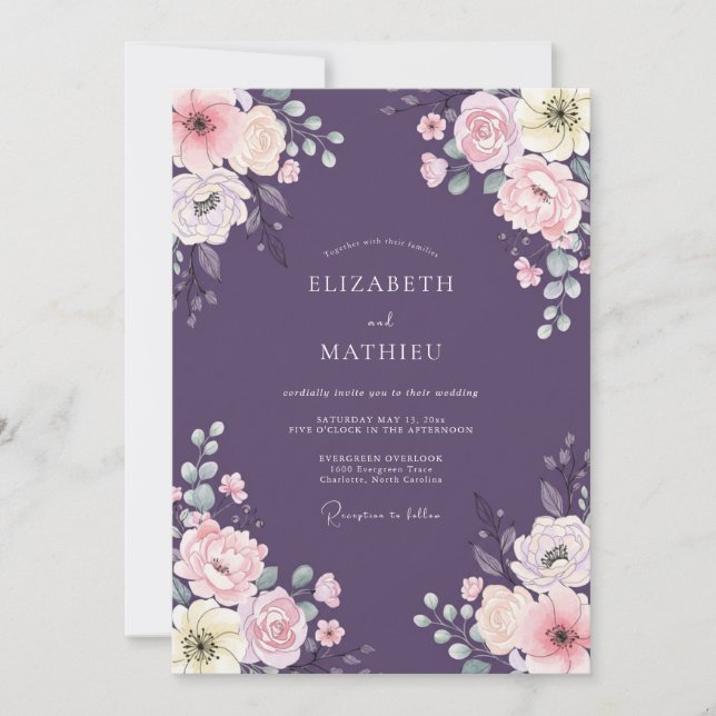 Invitation Mariage Aubergine Ranunculus Eucalyptus (Devant)