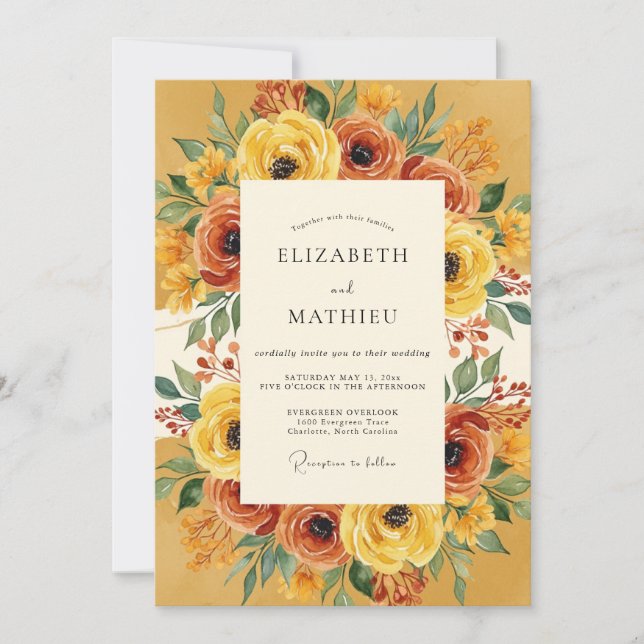Invitation Mariage Automnal aux Fleurs Ambre (Devant)