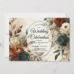 Invitation Mariage automnal aux fleurs de teintes orange brûl