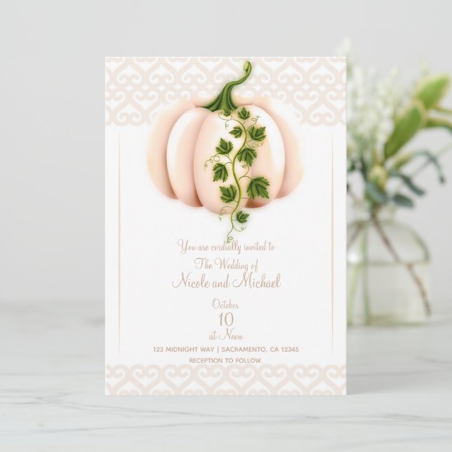Invitation Mariage Automnal avec Histoire de Citrouille Rose  (Debout devant)