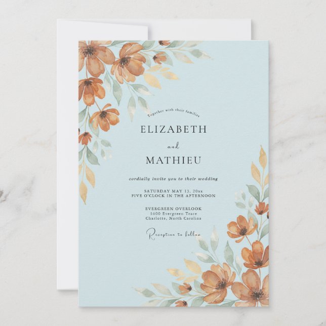 Invitation Mariage Automnal Bleu Poudre Ambre (Devant)