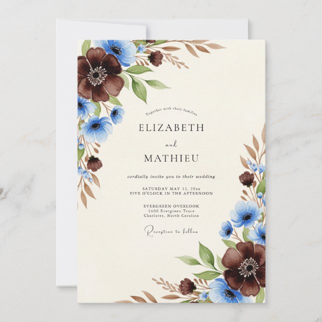 Invitation Mariage Automnal Boisé au Bleu Chocolat (Devant)