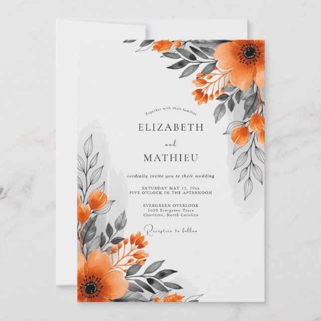 Invitation Mariage Automnal Botanique Orange Gras (Devant)