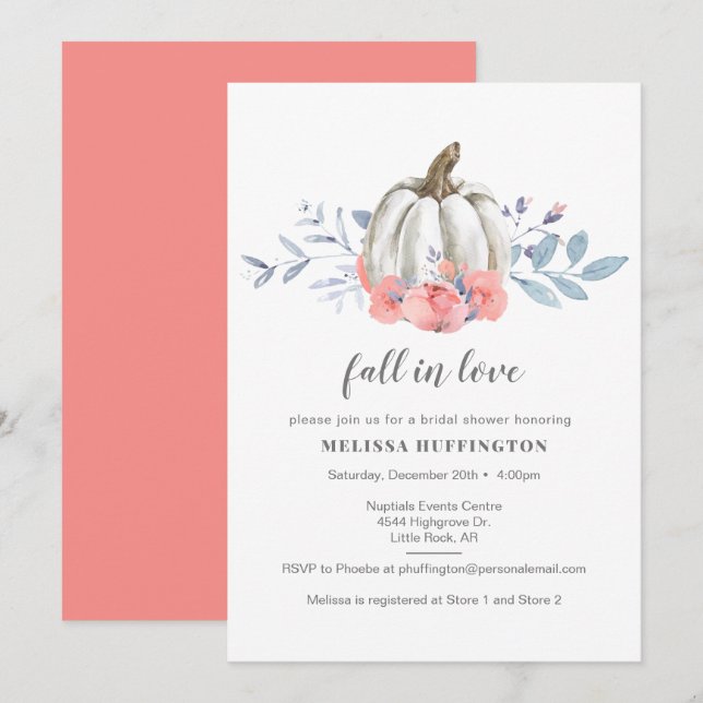 Invitation Mariage automnal Citrouille Rose Blanc Tombez amou (Devant / Derrière)
