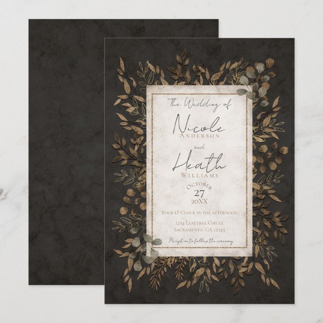 Invitation Mariage Automnal Conte de Fées Bronze Feuilles Bot (Devant / Derrière)