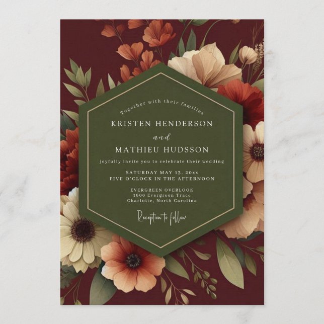 Invitation Mariage Automnal Cranberry et Sauge (Devant)