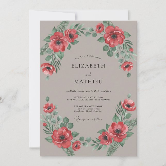 Invitation Mariage Automnal Crépusculaire Rouge Foncé (Devant)