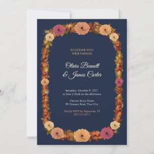 Invitation Mariage automnal Dahlia et blé Navy