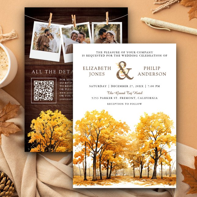 Invitation Mariage automnal de forêt de chênes Code QR (Créateur téléchargé)