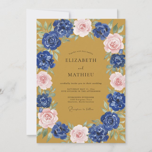 Invitation Mariage Automnal Distingué Bleu Marine (Devant)