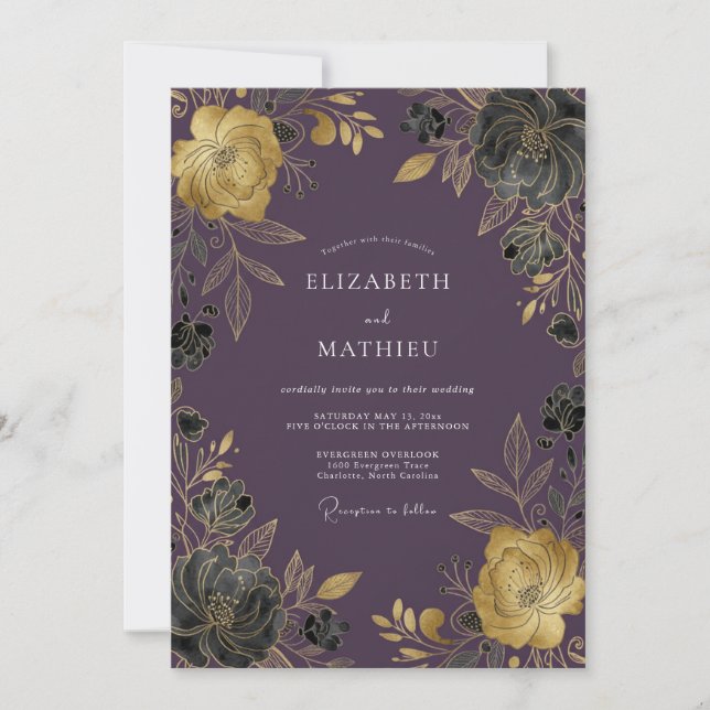 Invitation Mariage Automnal Doré au Prune (Devant)