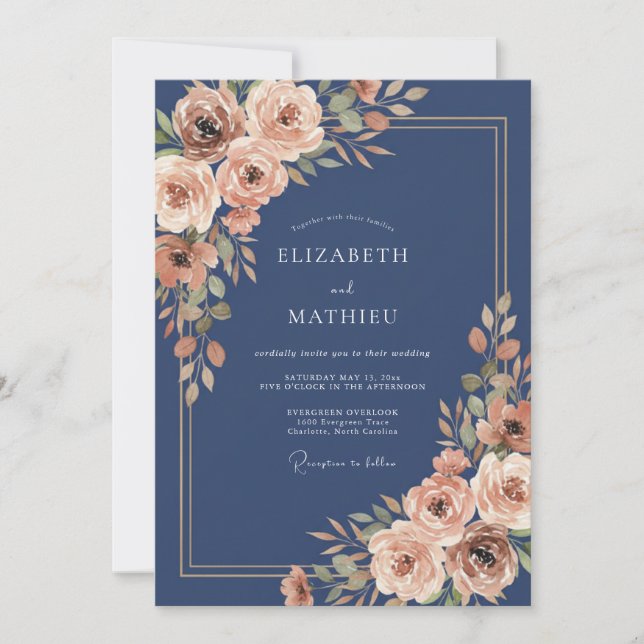 Invitation Mariage Automnal Élaboré Bleu Marine (Devant)