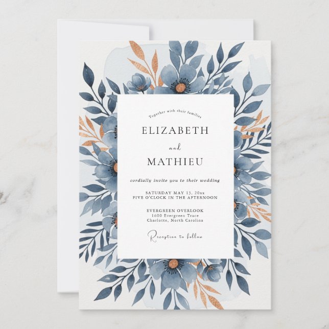 Invitation Mariage Automnal Élégant Bleu Ardoise (Devant)