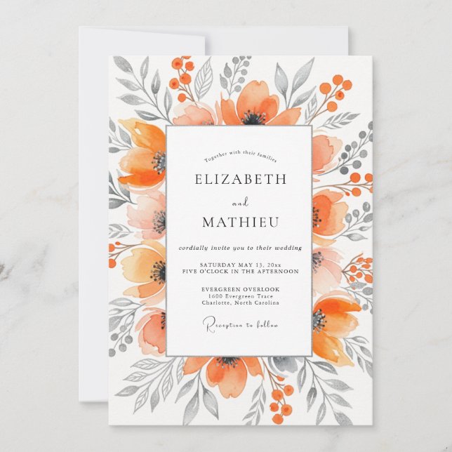 Invitation Mariage Automnal Éthéré Orange (Devant)