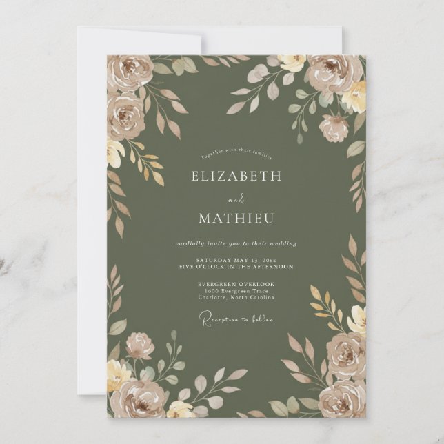 Invitation Mariage Automnal Éthéré Vert Mousse (Devant)