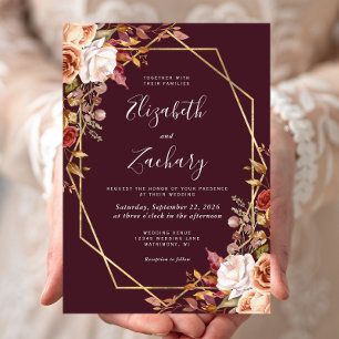 Invitation Mariage automnal floral bordeaux cadre doré