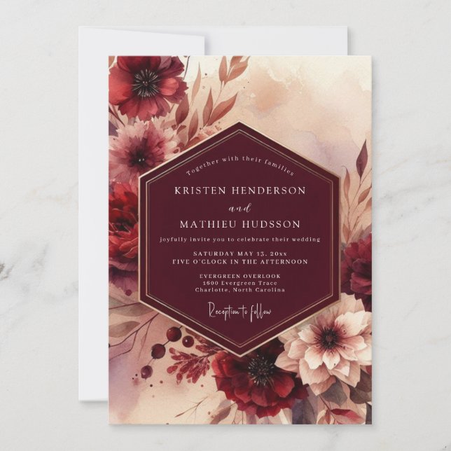 Invitation Mariage Automnal Floral Bourgogne (Devant)