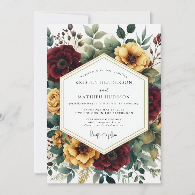 Invitation Mariage Automnal Floral Bourgogne (Devant)
