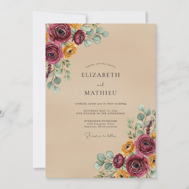 Invitation Mariage Automnal Floral Brun (Devant)